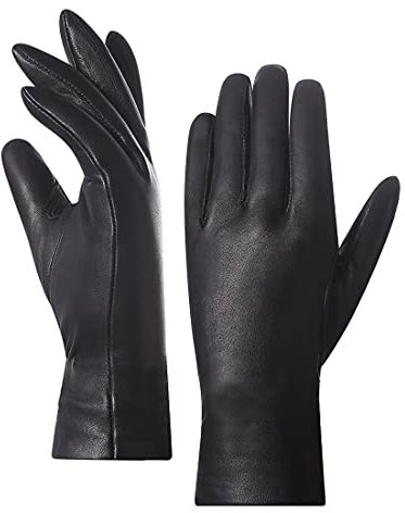 Harssidanzar Frauen Lederhandschuhe,Damen italienische Lammfell Lederhandschuhe Kaschmir Gefüttert,Schwarz,S