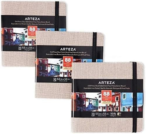Arteza Aquarell-Skizzenbuch 14 x 14 cm, 3er-Pack mit jeweils 88 Seiten, 230 g/m² kaltgepresstes säurefreies Aquarellpapier, grauer Leineneinband, für Aquarell- und Mischtechnik