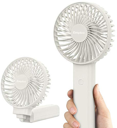 EasyAcc Handheld Fan, Portable, Battery, USB Fan/Portable Mini Fan, Electric, 20 Hour Rechargeable Battery, Foldable, Compatible with Laptop Multi Port Socket for Travel, Home, White