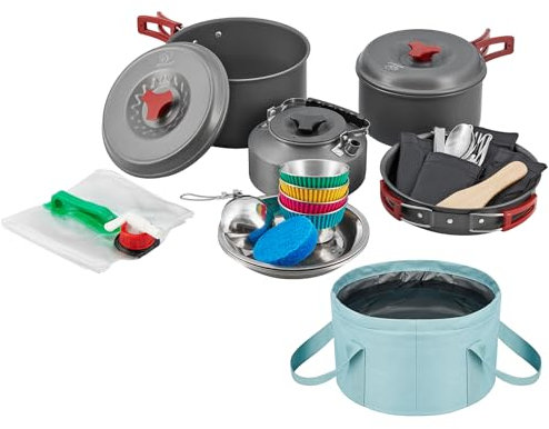 Bulin 37PCS Camping Cookware Mess Kit Lightweight Backpacking Cooking Set Outdoor Cook Gear for Family Hiking, Picnic(Kettle, Pot, Frying Pan, Cups, Plates, Forks Knives Spoons, Carabiner)