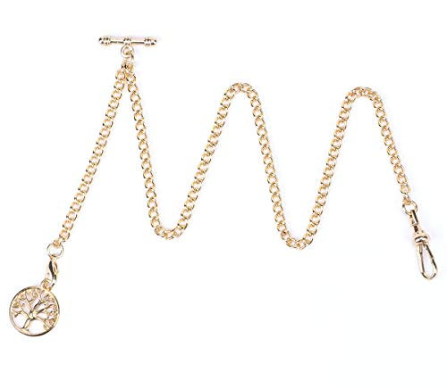 ÖSSZEFUT Albert Chain Taschenuhr, Curb Link Chain Antique Plating Shield Design Fob T Bar für Männer Gold mit Life Tree Anhänger
