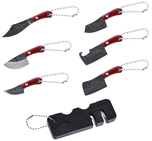 Damascus Mini Knife with Sheath, Chef Tiny Knife Set with a Sharpener Mini Keychain Knife for Bottle Opener Box Cutter Sharpener (Set of 7pcs)