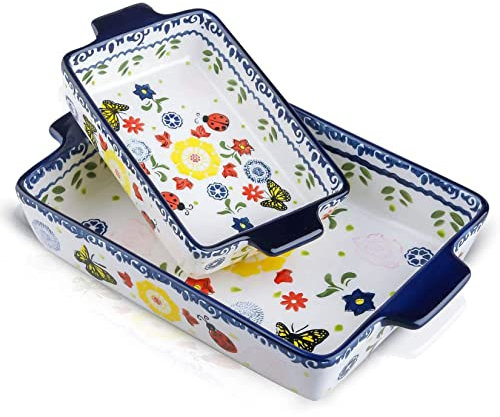 Plato De Cerámica Para Hornear Utensilios De Hornear Rectangulares Set Baking Pan, Bakeware 2 Piezas De Gres Lasaña Pintada A Mano Pan Para La Cena De Navidad Cocinar Cake Cena,Azul