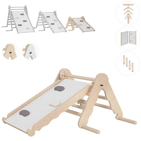 MAMOI® Klettergerüst Indoor, Kletterdreieck mit rutsche Holz, Baby Kinder Klettern, Kletterturm rutschbrett, Kletterbogen kinderrutsche, Regenbogenwippe, Montessori Spielzeug ab 1 Jahr 2/3 Jahre