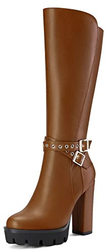 Castamere Donna Chunky Blocco Alto High Tacco Heel Chiusa Rotonda Punta Metà polpaccio Cerniera Fibbia Ufficio Classico Stivali Marrone 35 EU