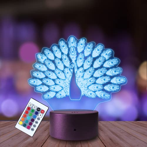 Plexido Nachtlicht Pfau Bunter Vogel Federn Illusion Lampe 3D Nachttischlampe Geschenk für Kinder Personalisiert Graveur Weltraum Kinderzimmer LED Licht Fernbedienung 16 Farbwechsel Wohnzimmer