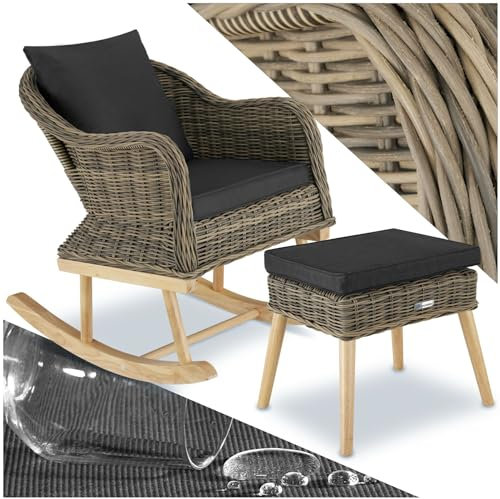 TecTake® Fauteuil à Bascule avec Accoudoirs & Repose Pieds pour Salon de Jardin Exterieur Fauteuil Relax en Poly Rotin Fauteuil Salon, Mobilier de Jardin pour Amenagement Balcon Terrasse Veranda