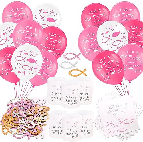 HOWAF Kommunion Deko Mädchen, Servietten Fisch Kommunion Servietten Taufe Konfirmation Servietten Kommunion Windlicht Kommunion Luftballon Fisch Konfetti Tischdeko Kommunion Taufe Konfirmation Deko