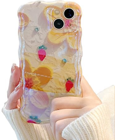 ZCDAYE Case for iPhone 11, Soft TPU Colorful Retro Painting Glossy Flower Pattern Cute Curly Wave Frame Laser Floral Phone Case Cover for Women Girly, Yellow