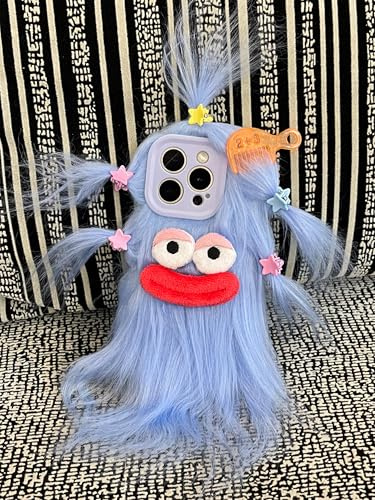 Aeilene Blue Furry Phone Case for iPhone 12, Cute DIY Long Hair Funny Thick Mouth Warm Plush Cases, 3D Cartoon Fuzzy Winter Protective Cover for Women Girls