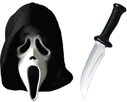 My Illusions Máscara de cara fantasma de Scream con licencia oficial y cuchillo para adultos, juego de accesorios para disfraz de Halloween (cuchillo corto)