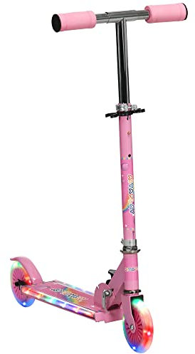 HOMCOM Patinete para Niños de 2 Ruedas, Patinete Infantil Plegable con Música 4 Altura Ajustable 65-78 cm Ruedas con Luces LED para 3-7 Años Carga 50 kg Rosa