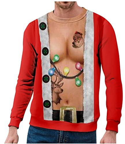 Generisch Weihnachtspullover Herren, Hässlich Weihnachtspulli Herren Brust 3D Druck Langarm Rundhalsausschnitt Sweatshirt Und Winter Hässliche Rentier Lustig Mit Beleuchtung (M, Rosa)