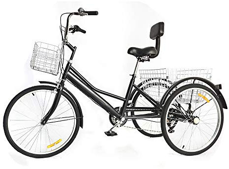 Brride 24 Zoll 7-Gang Dreirad für Erwachsene mit Doppelkorb, Komfort-Sattel und Anti-Rutsch-Pedalen, 3 Rad Fahrrad für Erwachsene, Robustes Cityräder Tricycle mit Schutzblechen, schwarz