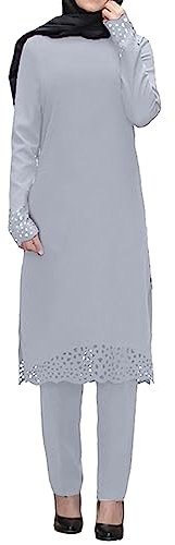 KBOPLEMQ Gebetskleidung für Frauen Muslim Islamische Langarm Hollow Out Spitze Lang Top + Hose 2 Teiler Ramadan Outfit 2 Stück Langarm Oberteile Hosen Naher Osten Arabisch Islamische Kleidung