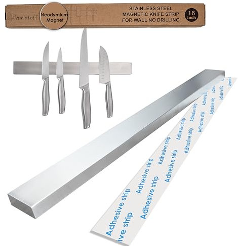 Hamletoff Magnetic Knife Strip for Wall no Drilling – 16 Inch Stainless Steel Magnetic Knife Holder with Neodymium Magnet Strong Adhesive Tipe - Lightweight Kitchen Magnet Knife Bar