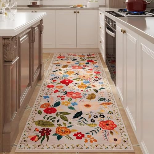 ARRITS Teppich Läufer Flur 80x120 cm, Küchenteppich Waschbar rutschfest, Weicher Boho Blumen Flurteppich Läufer Lang für Flure, Küche, Waschküche, Schlafzimmer, Badezimmer (Beige)