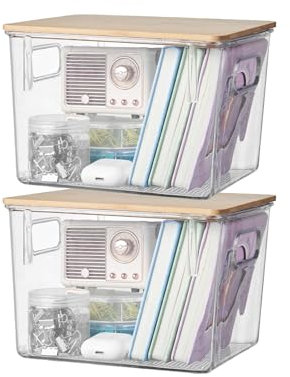 Eden & Willow Clear Plastic Storage Box with Bamboo Lid and Handles | Shelf Organiser Container with Lid for Home, Kitchen and Bathroom Organisation (Small, Set of 2)
