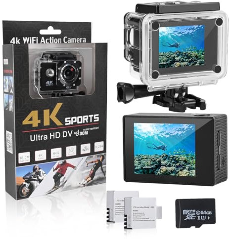 Comius Sharp Cámara Deportiva 4K 30FPS 16MP, WiFi Camara Acuatica Sumergible, 30M Action Camera 2.0'LCD 170° Gran Angular, 1 Tarjeta SD 64G, 2 Baterías y Accesorios Multiples