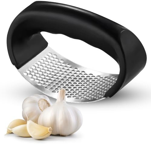 IAS-MIC Prensa de Ajos de Acero Inoxidable: Cortador de ajos con diseño ergónomico de balancín y estilo elegante en negro, herramienta de cocina profesional para un rendimiento óptimo