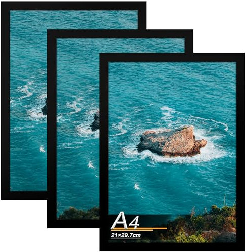 Tinkeps 3er Pack Bilderrahmen A4 Schwarz, Bilderrahmen Din A4 Hergestellt aus Holzwerkstoff, Rahmen a4 (21x29,7 cm) Ideal für Fotos, Bilder, Poster