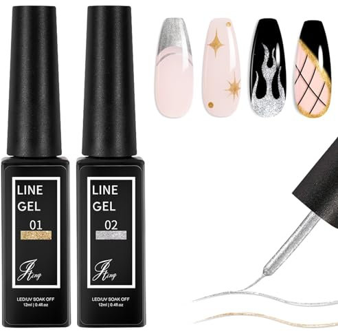 Gold and Silver Gel Nail Polish - 12ml UV Liner With Thin Brush for French Manicure - Metallic Painting Gel for 3D Mirror Nail Art