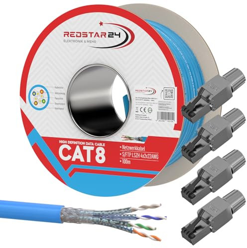 100m Cat 8 Verlegekabel + 4x RJ45 Stecker Werkzeuglos CAT8 Kabel Installationskabel Lan CAT8.1 Ethernet Netzwerk 2000MHz Datenkabel AWG22/1 Netzwerkkabel bis zu 40 Gbit/s Übertragungsgeschwindigkeit
