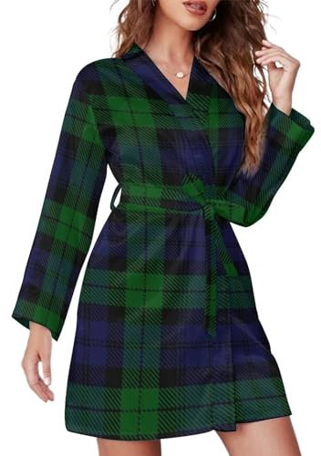 GQWJKSZ Black Watch Plaid Damen Bademantel Knielang Spa Robe Nachthemd Schalkragen Leichte Roben