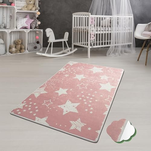 Bosdela Kinder- und Babyteppiche – Vielfältige Designvariationen 100x160 cm Sterne Rosa – rutschfest, hypoallergen & pflegeleicht, Perfekter Spiel- und Krabbelteppich für Mädchenzimmer