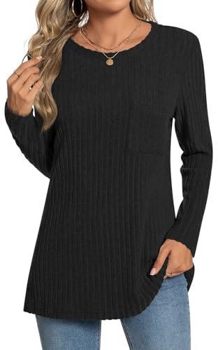 Bestbee Ladies Fall Long Sleeve Jumpers Crew Neck Tunic Dressy Sweater Shirts for Leggings Women's Casual Blouses, Plus Size, XL, Black