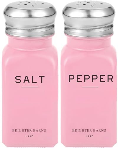 Pink Salt and Pepper Shakers Set by Brighter Barns - Glass with Stainless Steel Lids - Pink Kitchen Accessories - Perfect for Restaurants, Airbnb