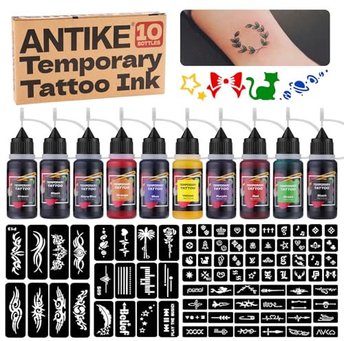 Kit de Tatuajes Temporales, 10 Botellas de Tintas de Color para Tatuaje Temporal 0.5oz con 84 Plantillas para Pintura Corporal Tatuaje Temporal de Bricolaje
