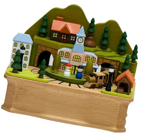 ZBIianxer Hölzerne Rotierende Eisenbahn Schlösser Figur Zum Aufziehen Spieluhr Mit Klassischen Melodien Für Urlaub Dekoratives Ornament Geschenk