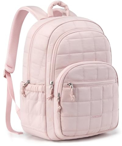 bagsmart College Backpack for Women, 15.6 Laptop Bookbag | Lightweight Quilted Water-Resistant Daypack, Casual Rucksack for Back to School, Travel & Daily Commute,Pink