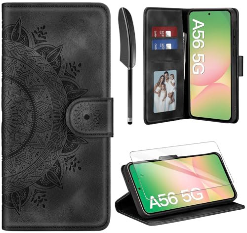 ivencase Lederhülle für Samsung Galaxy A56 5G Hülle und Schutzfolie, Premium Klappbar Handyhülle Flip Wallet, [Kartenfach] [PU Leder] [Ständer] Schutzhülle Kompatibel mit Samsung A56 5G, Schwarz