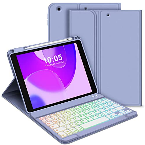 Bettdow für iPad 9.Gen 2021/8.Gen 2020/7.Gen 2019 Tastatur Hülle, Deutsch QWERTZ Layout Magnetisch Abnehmbarer Beleuchtete Tastatur, Hülle mit Stifthalter für iPad 10.2 Zoll 2019-2021, Lila