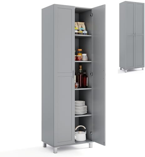 COSTWAY 187cm Tall Kitchen Cupboard, 2-Door Buffet Pantry Storage Cabinet with Adjustable Shelves, Elevated Feet & Anti-tipping Device, Freestanding Sideboard Organizer Unit for Dining Room (Grey)