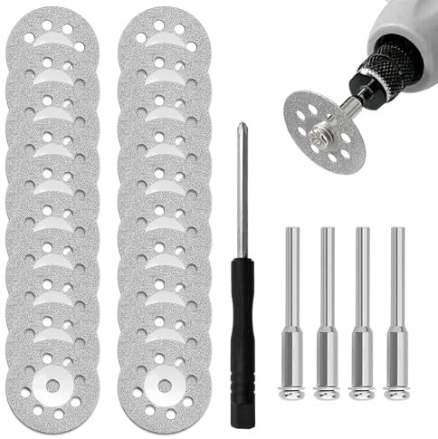 OMJMYY 20 Stück Diamanttrennscheibe 22mm Glas-Trennscheibe für Dremel Rotationswerkzeug Zubehör Diamantscheibe mit 4 Stück Dorn 1 Schraubenzieher Trennscheibe Schneiden für Stein Glas Fliese