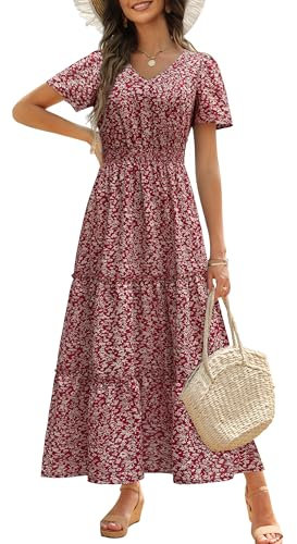 Zattcas Langes Damen-Sommerkleid 2025, kurze Flatterärmel, V-Ausschnitt, lässig, gesmokt, gestuft, schlichtes Blumenmuster, Boho-Maxikleid, Rotes Blumenmuster mit Taschen, Klein