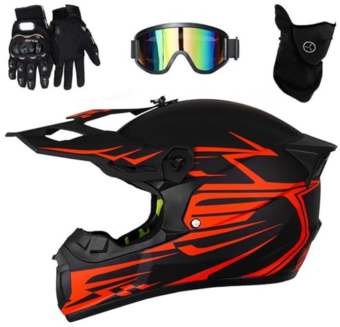 Kinder Motorradhelm Downhill Set - Leichter Vollvisierhelm mit stylischem Heckflügel-Design, Belüftung + Brille+Handschuhe für Jungen/Mädchen (MTB/BMX/Enduro)(As red,M(54~55cm))
