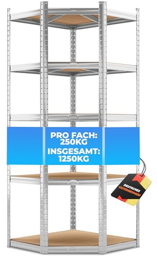 ALL Premium Schwerlastregal Eckregal stehend 180x70x40 cm Silber - 1250kg Traglast – Regalsystem als Corner Shelf & eck Regal, Schwerlastregal Ecke, ideal für Keller u. Lager