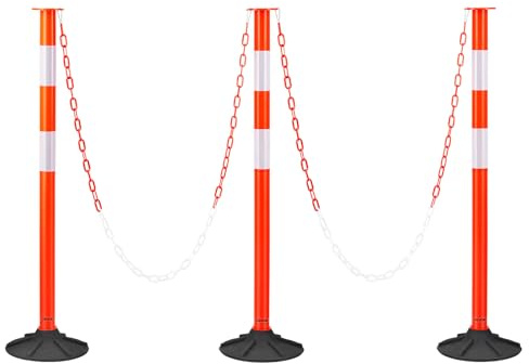 VEVOR 3 Pack Traffic Delineator Posts, 34 in Traffic Safety Cones with Weighted Base, Reflective Strips and Chain, Heavy Duty Delineator Posts for Construction Site, Parking Lot, Crowd Control, Red