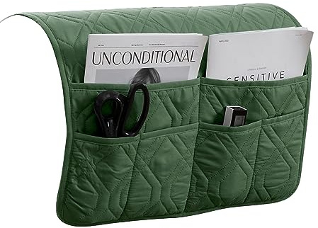XDKS Sofa Armrest Organizer Caddy Anti-Slip Armchair Storage Bag Remote Control Holder for Recliner Couch with Pockets for Cellphone Magazines Glasses Space Saver Bag (Green)