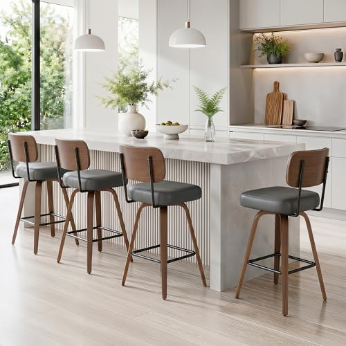 YUUIJOAA 360°Drehbarer Barhocker 4er Set, PU Barhocker 65cm Sitzhöhe mit Holzbeinen, Mid-Century-Design Bar hocker mit 4 Beinen und Lehne, Barstühle Küchenhocker für Küche und Bar,Dunkelgrau