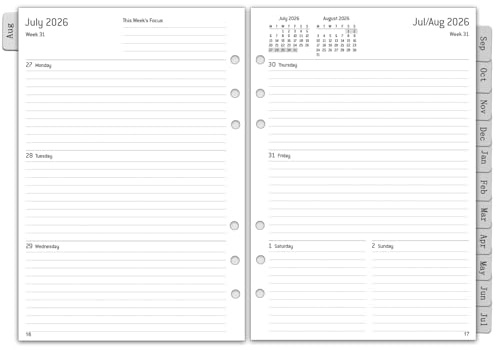2026 2027 Wochenplaner Einlage A5, 6 Löcher, 1 Woche 2 Seiten mit Monatsübersicht, Notizen, Kontakt, Aug 2026-Jul 2027, 100 GSM, Kalendereinlagen, Nachfüllung für Kalender 26/27 Planer, 153x21mm