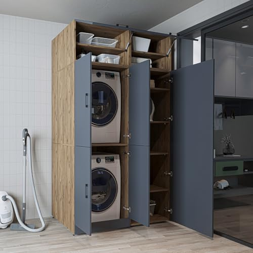 ROOMART Waschmaschinenschrank Dora-II – 130 cm Breit Waschschrank für Waschmaschine & Trockner (Anthrazit-Eiche, Mit Aufsatzschrank: (HBT): 230 x 130 x 73,8 cm)
