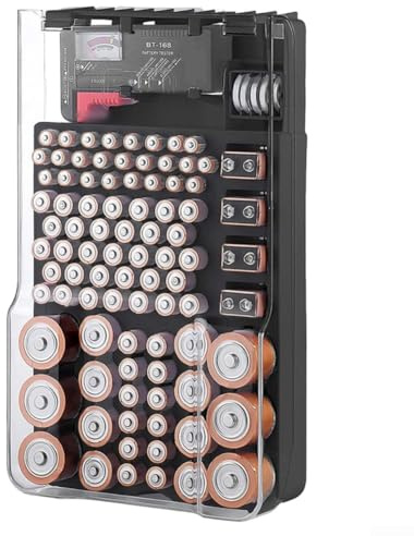 MKTOLHUS Scatola portaoggetti per batterie con tester, coperchio trasparente per 93 batterie AA, AAA, C, D, 9 V, montabile a parete, in plastica, per casa, garage, cassetti, colore bianco (nero)