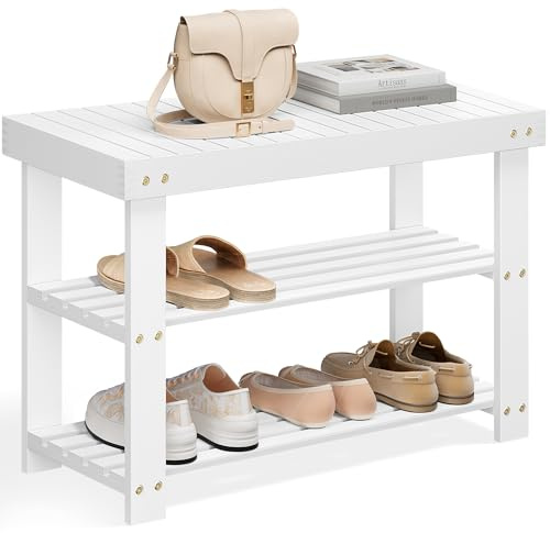 SONGMICS Schuhregal Bank 3-stöckig Bambus Eingangsbank 70 cm Breite | Schuhaufbewahrung, Organizer, hält bis zu 130 kg, Cloud White, Bambus-Kollektion ULBS004W01