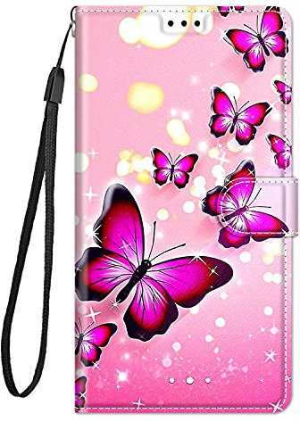 Guxira Wallet Case for iPhone 13 - Silicone Leather Protective Flip Case With Lanyard, Card Slots, Magnetic Closure - Cute Shockproof Pink Butterfly Cover