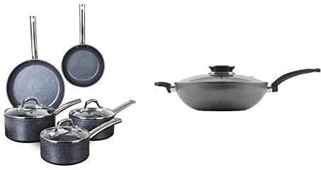 Tower T800031 TruStone Induction Pot and Pan Set, 20/28 cm Frying Pans & T81279 Cerastone Induction Wok Pan with Glass Lid, Non Stick Ceramic Coating, Easy to Clean, Graphite, 30 cm